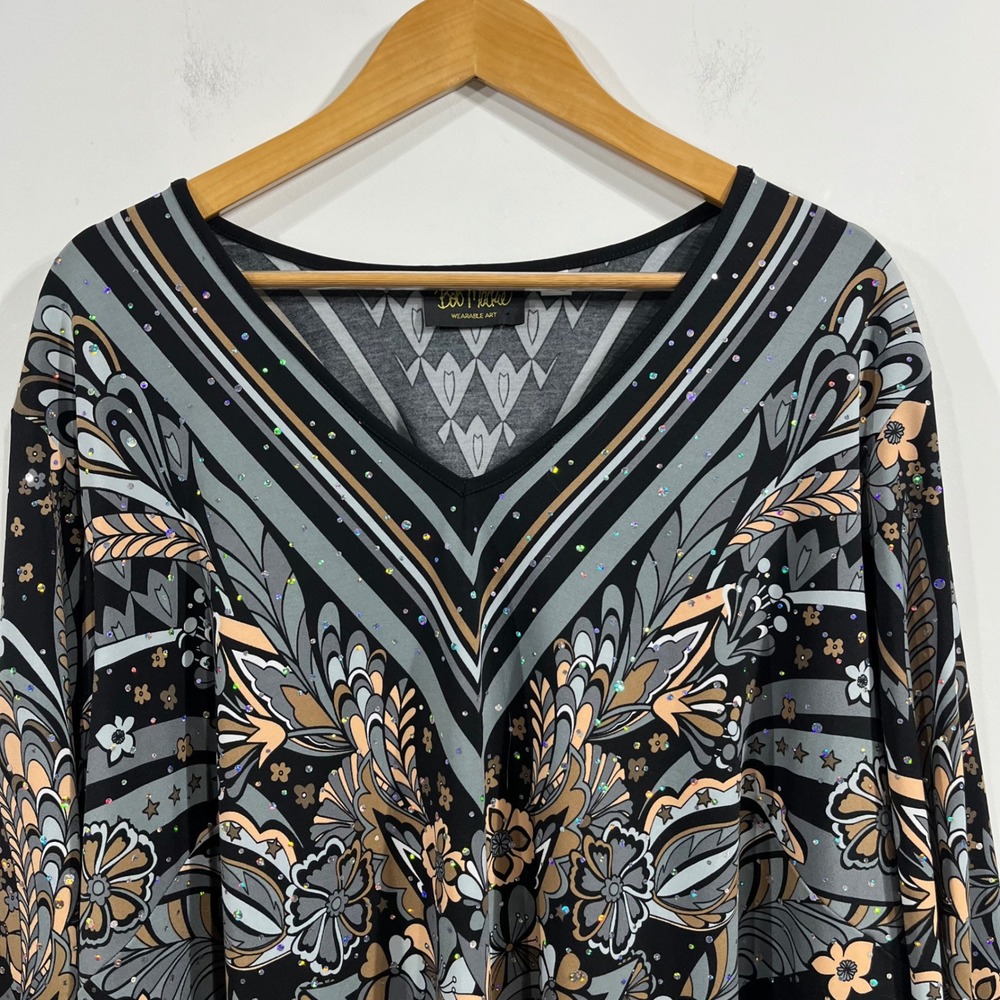 Bob Mackie Black Floral V-Neck Long Sleeve Blouse with Gray and Tan Accents. - Picture 3 of 11